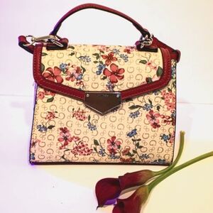 NWT Guess- Flowers Mini Sachel Beige hot pink spring summer floral canva